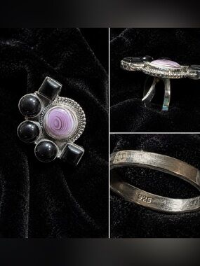 New Adjustable Sterling Silver Wampum & Black Onyx Statement Ring